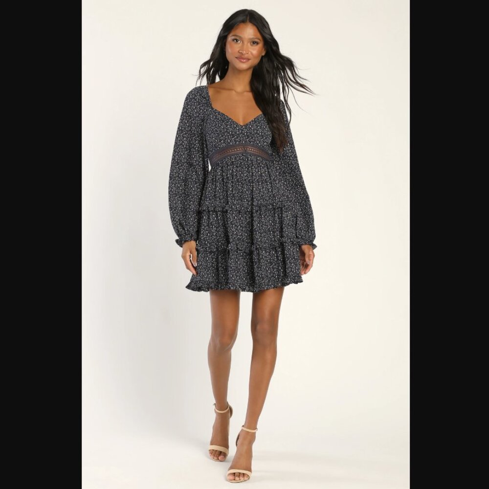 Lulu's Charming Days Navy Floral Print Ruffled Long Sleeve Mini Dress